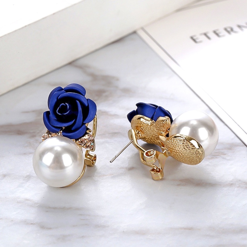 Gold w/Blue Rose & Faux Pearl Lever Back Earrings - Picture 2 of 8